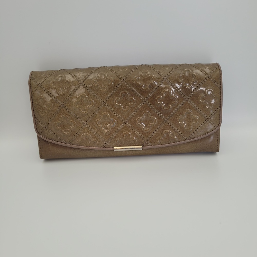 Marie Claire Taupe Quilted Patent Leather Long Wallet Clover Charm Brown